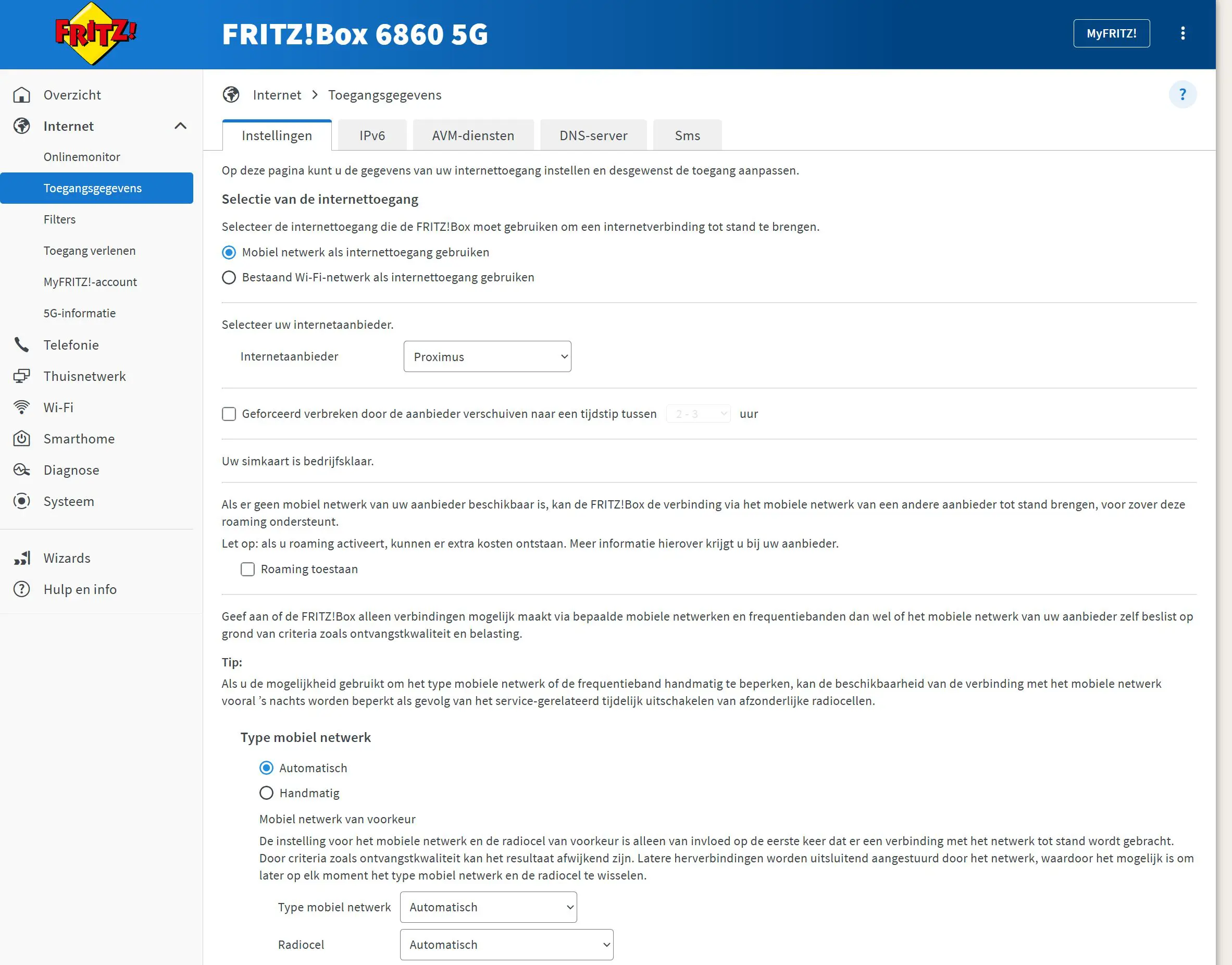 Fritzbox 6860 5G overzicht Proximus